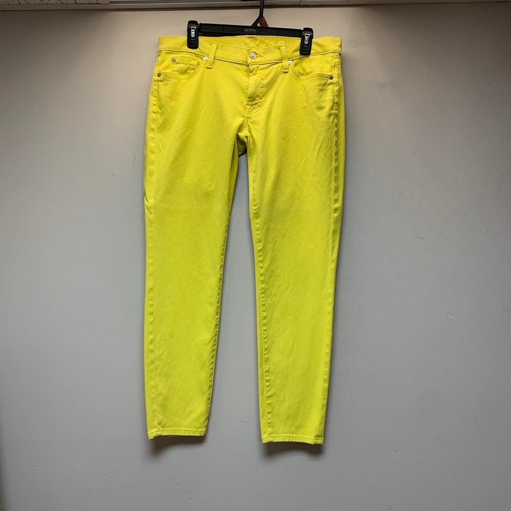 7 For All Mankind Skinny Jeans Womens 33 Neon Yellow Excellent Slim Stretch